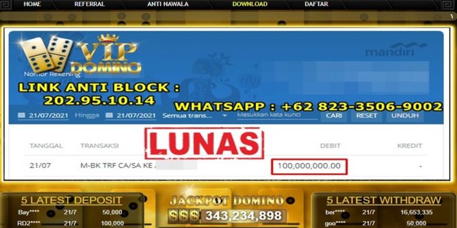 Jackpot Kemenangan 100 Juta Rupiah di situs Vipdomino